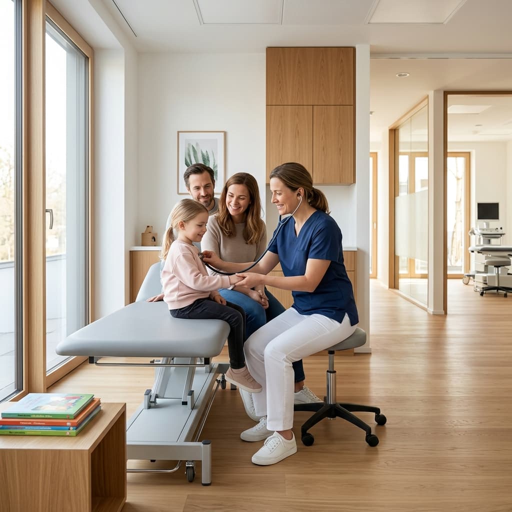 Medoc HMS clinic management software interface displayed in a modern paediatric clinic reception environment