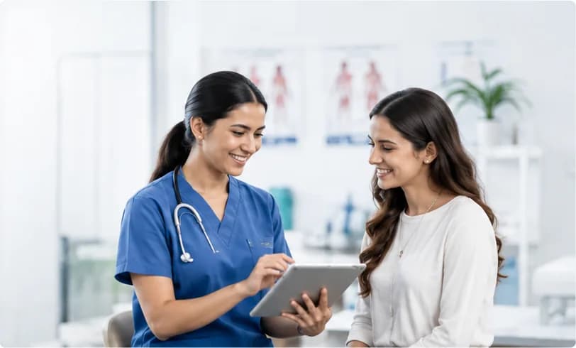 Doctor consulting with a patient using a Medoc HMS tablet interface