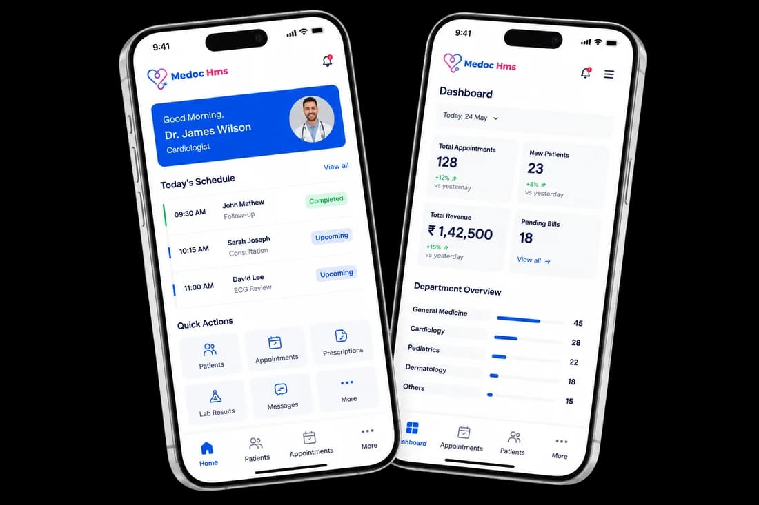 Medoc HMS Doctor App and Admin App shown on two phones: appointment schedule and clinic dashboard views